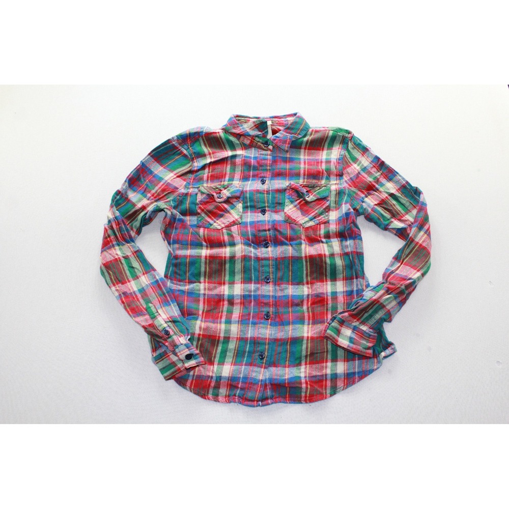 Mossimo Plaid Flannel Shirt Womens Medium Red Blue Green Button Down Pocket
